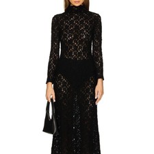 Enza Costa Puckered Lace Mockneck Dress in Black knit mesh midi long sleeve