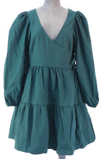 ASOS Teal Green Wrap Babydoll Dress Puff Sleeve Tiered Poplin Day Party UK 6