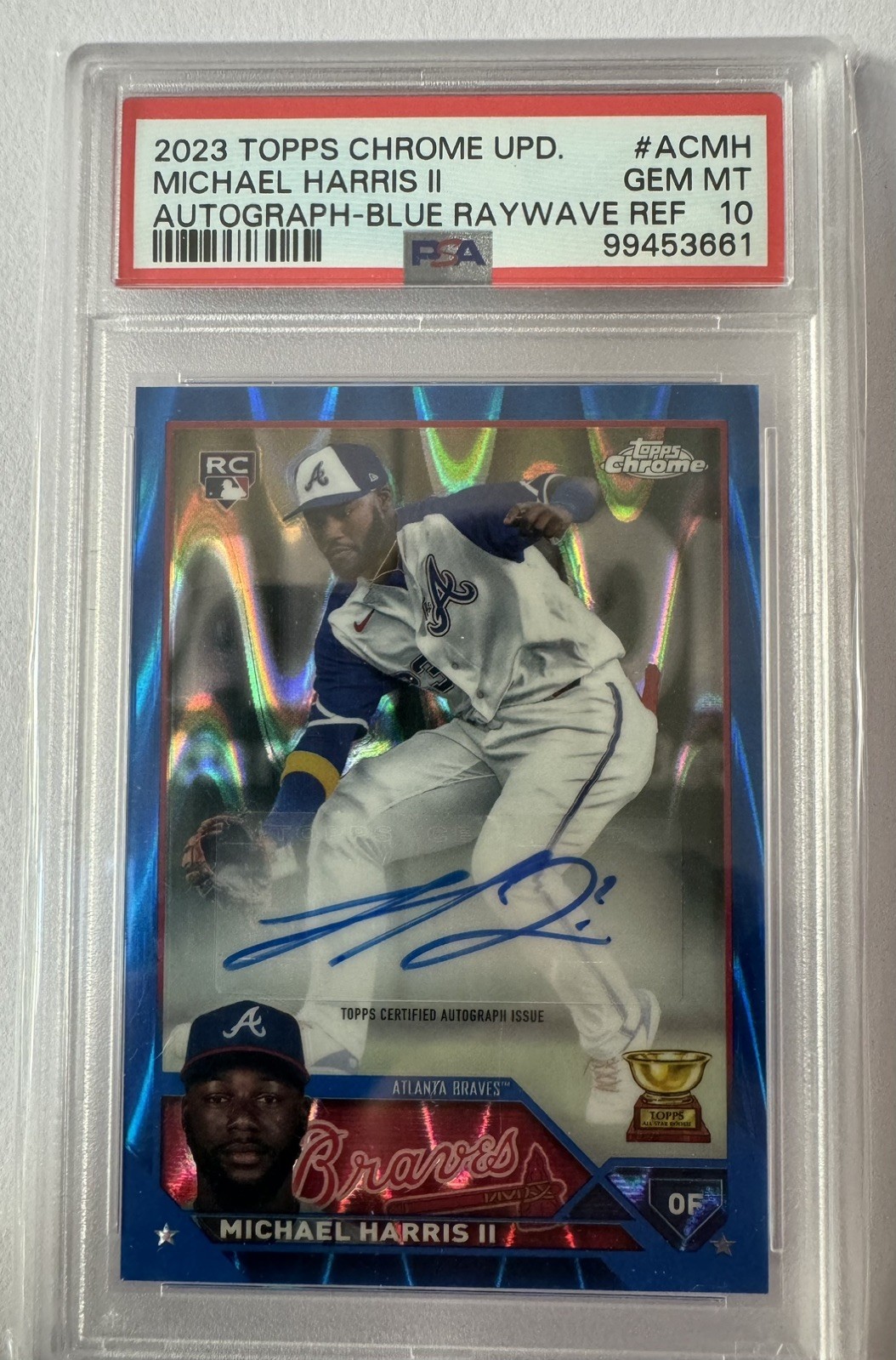 Michael Harris II 2023 Topps Chrome Update #AC-MH Blue RayWave Auto #/150 PSA 10