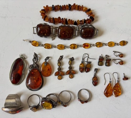 Vintage Lot of Sterling Silver & Amber Jewelry 23pcs Rings Bracelets Earrings