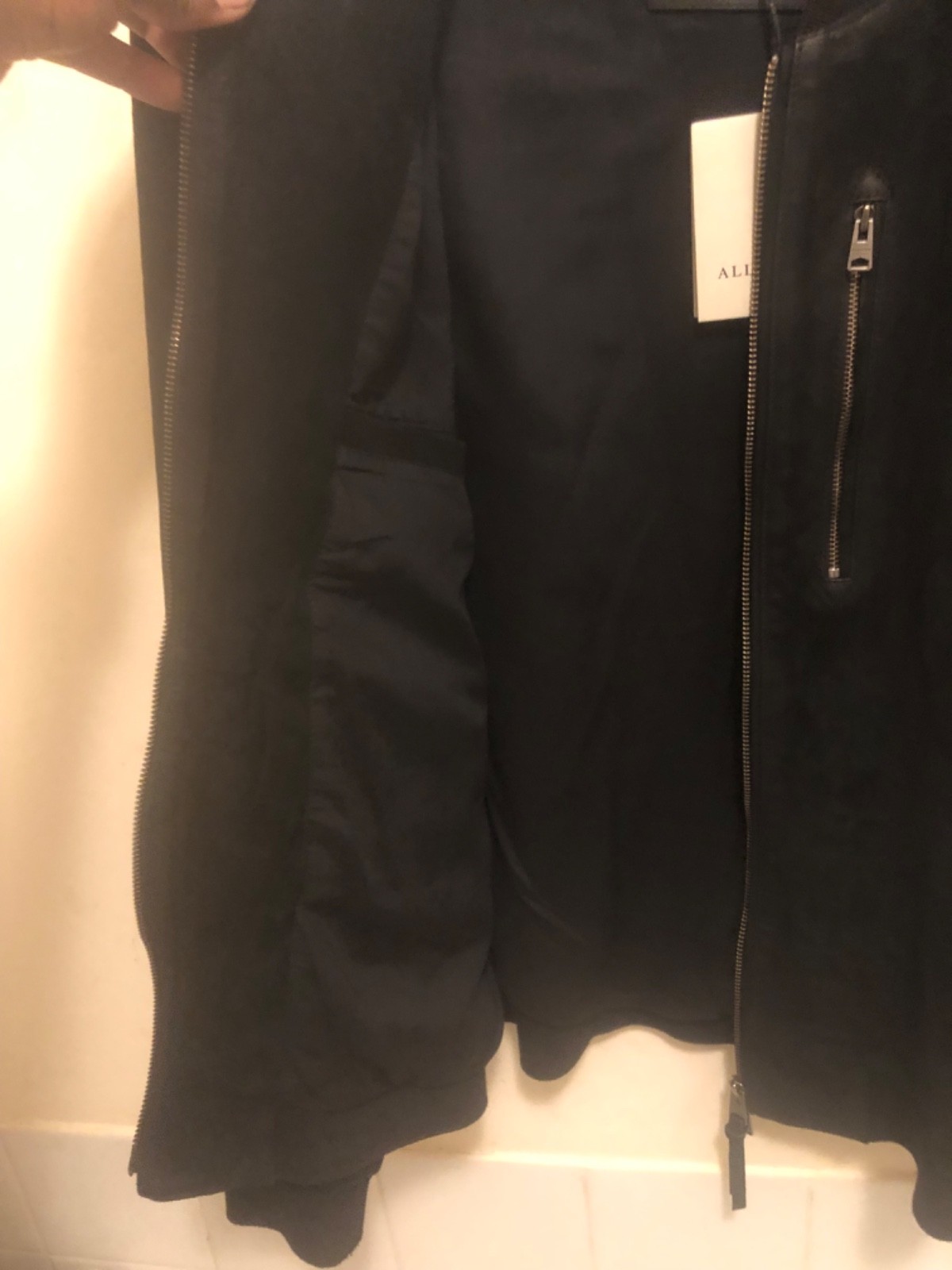 all Saints KEMBLE SUEDE Black BOMBER Jacket Size M  19 inches Pit To Pit image 5