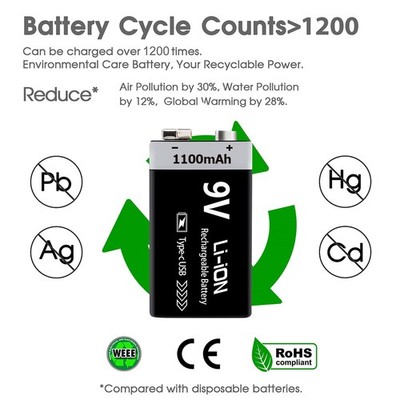 9V Li-ion USB Wiederaufladbare Batterien 1200MAH Lithium-Ionen-Akku-Packung