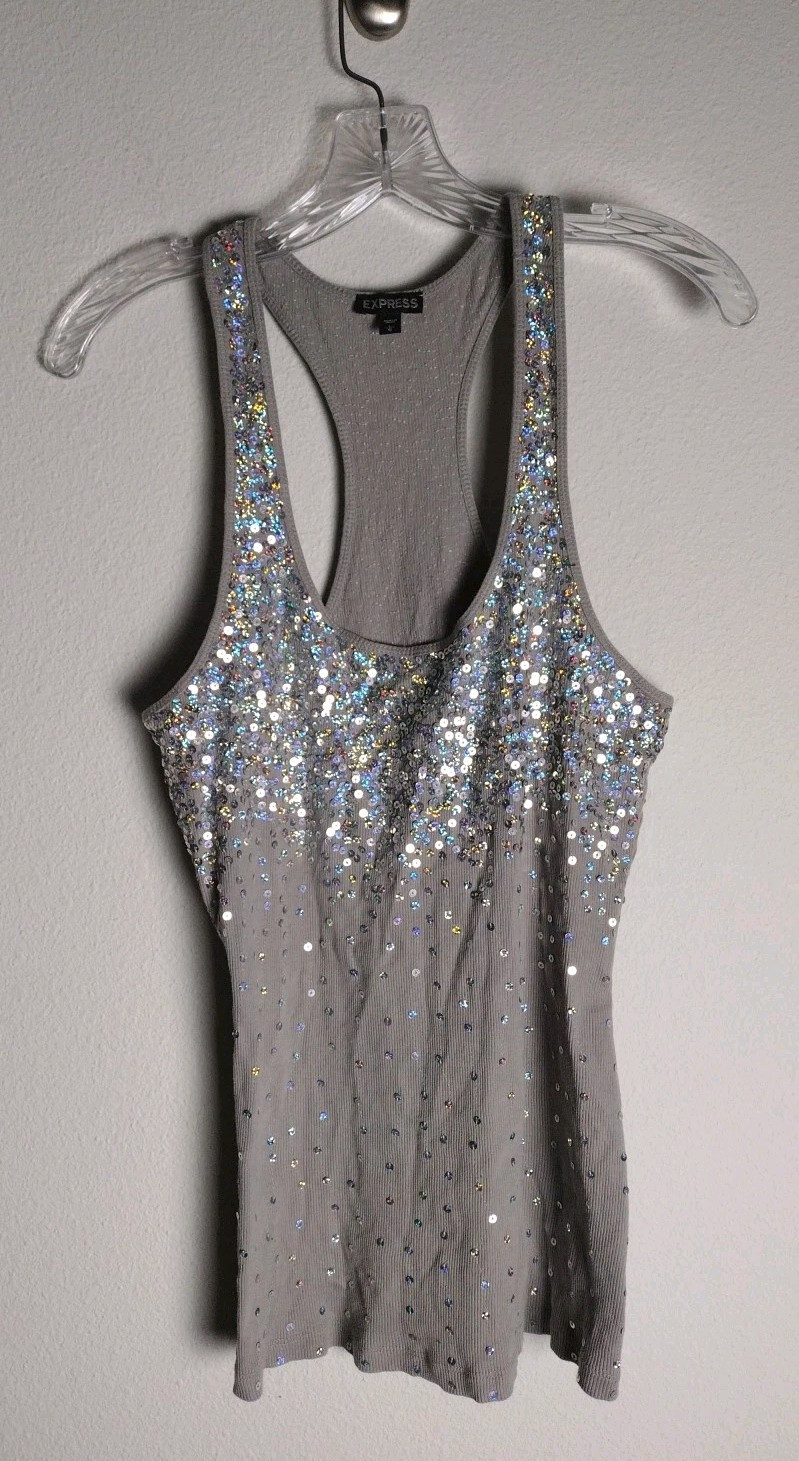 Express Gray Dazzling Rainbow Sequin Racerback Ta… - image 4
