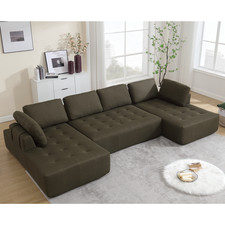 6-Seat U-Shaped Sectional Sofa Modern Green Mesh Fabric Living Room