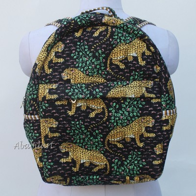 Indian Handmade Tiger Printed Quilted Cotton School College Backpack Kids Bag