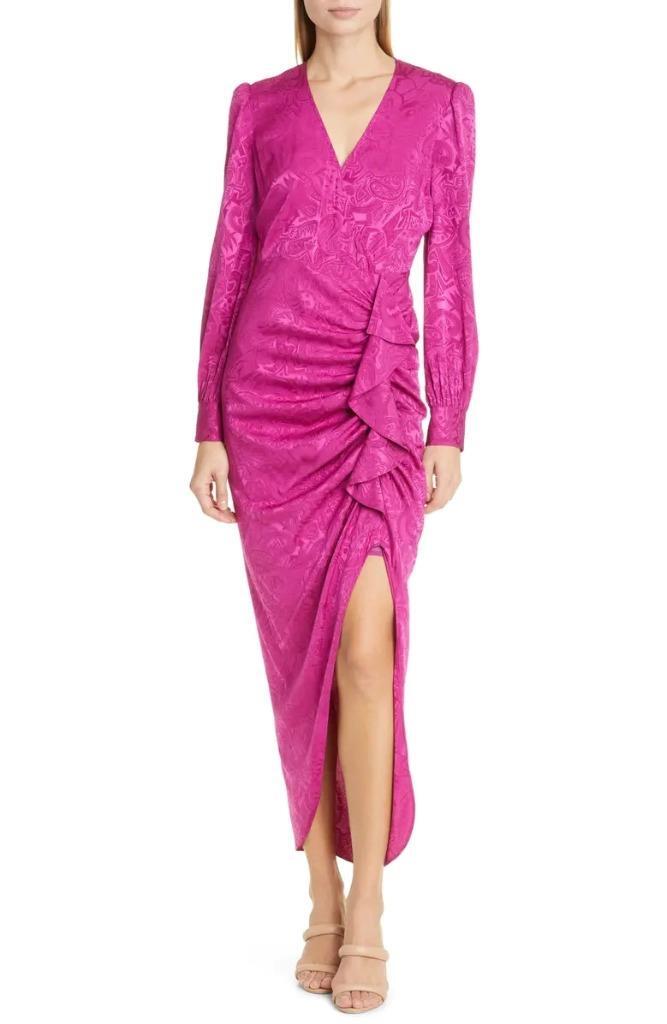 ruffle detail asymmetric dress in magenta Veronica Beard Weiss Paisley Jacquard 510 tall