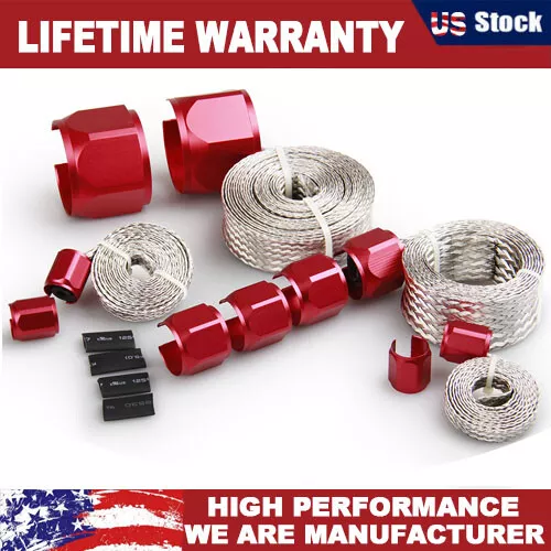 Stainless Steel Braide Engine Vacuum Heater Fuel Line Hose Sleeve Clamps  Kit Red