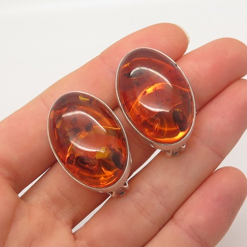 925 Sterling Silver Vintage Real Amber Clip On Earrings eBay