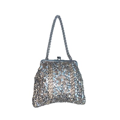 Unbranded Women's Silver Beads Sequins Kiss Lock Evening Hand Clutch Sz S