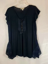 Womens Unity World Wear 2X Black Lace Ties Embroidered Flutter Sleeve Top