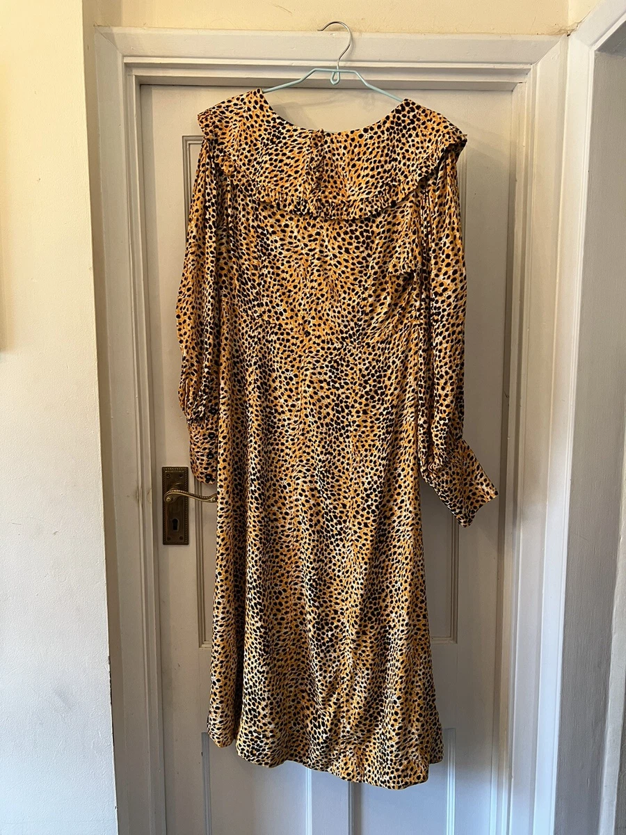 New Ganni Responsible Bright Marigold Animal Print Big Collar Day Dress 40 UK12