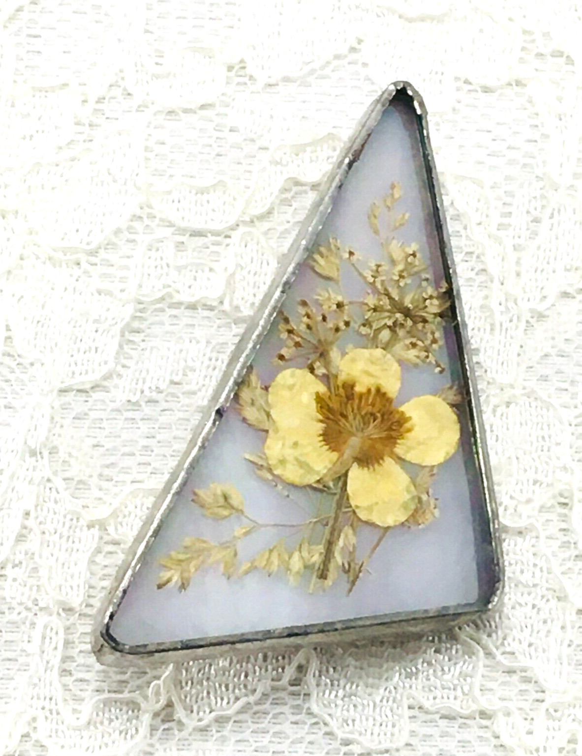 Brooch Pressed Yellow Flower Triangular Shaped Si… - image 2