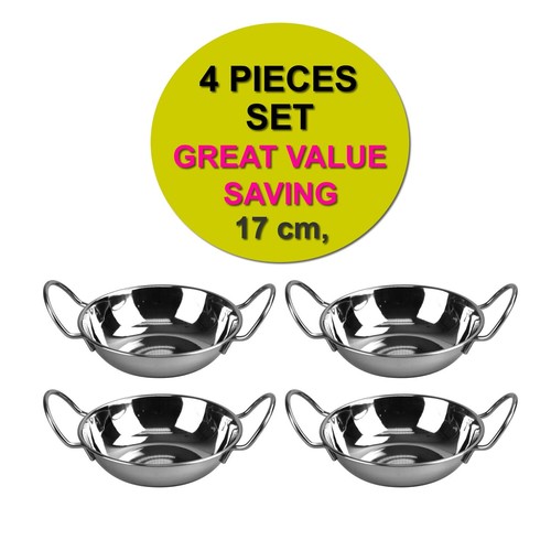 4Pcs Stainless Steel Indian Curry Bowl Set 17cm Balti Serving Karahi