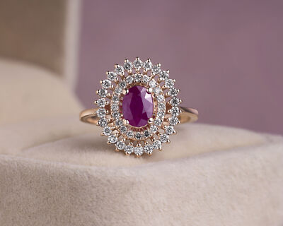 Roter Rubin ovale Form & Labor Diamant rund E-F/VVS2-VS1 1,30 kt 14 kt Rotgold Ring