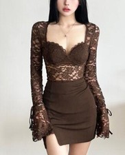 Women Long Sleeve Lace Perspective waist Package buttocks Slim Fit mini Dress