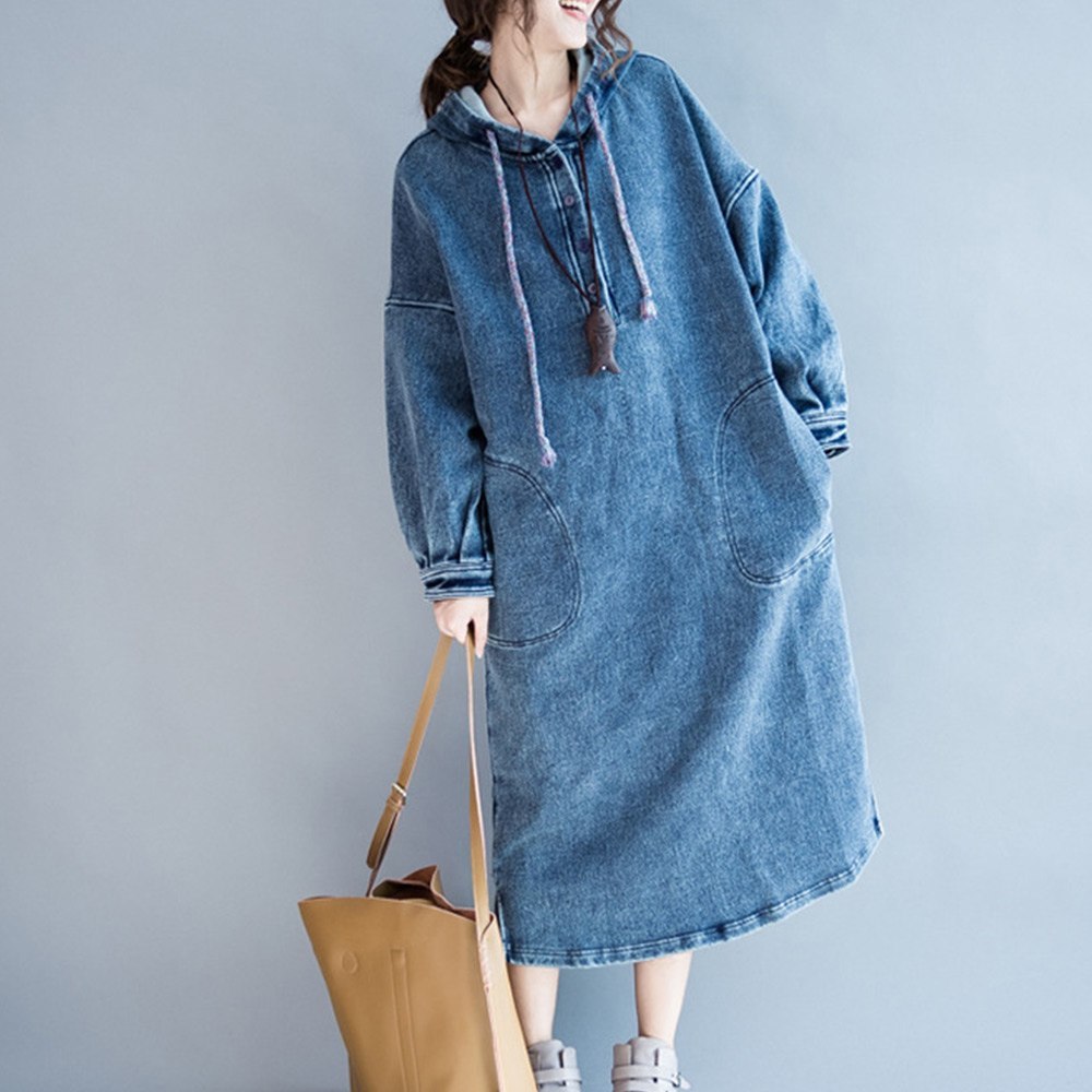 denim hooded dress Zeta Denim Hoodie Dress With Pockets