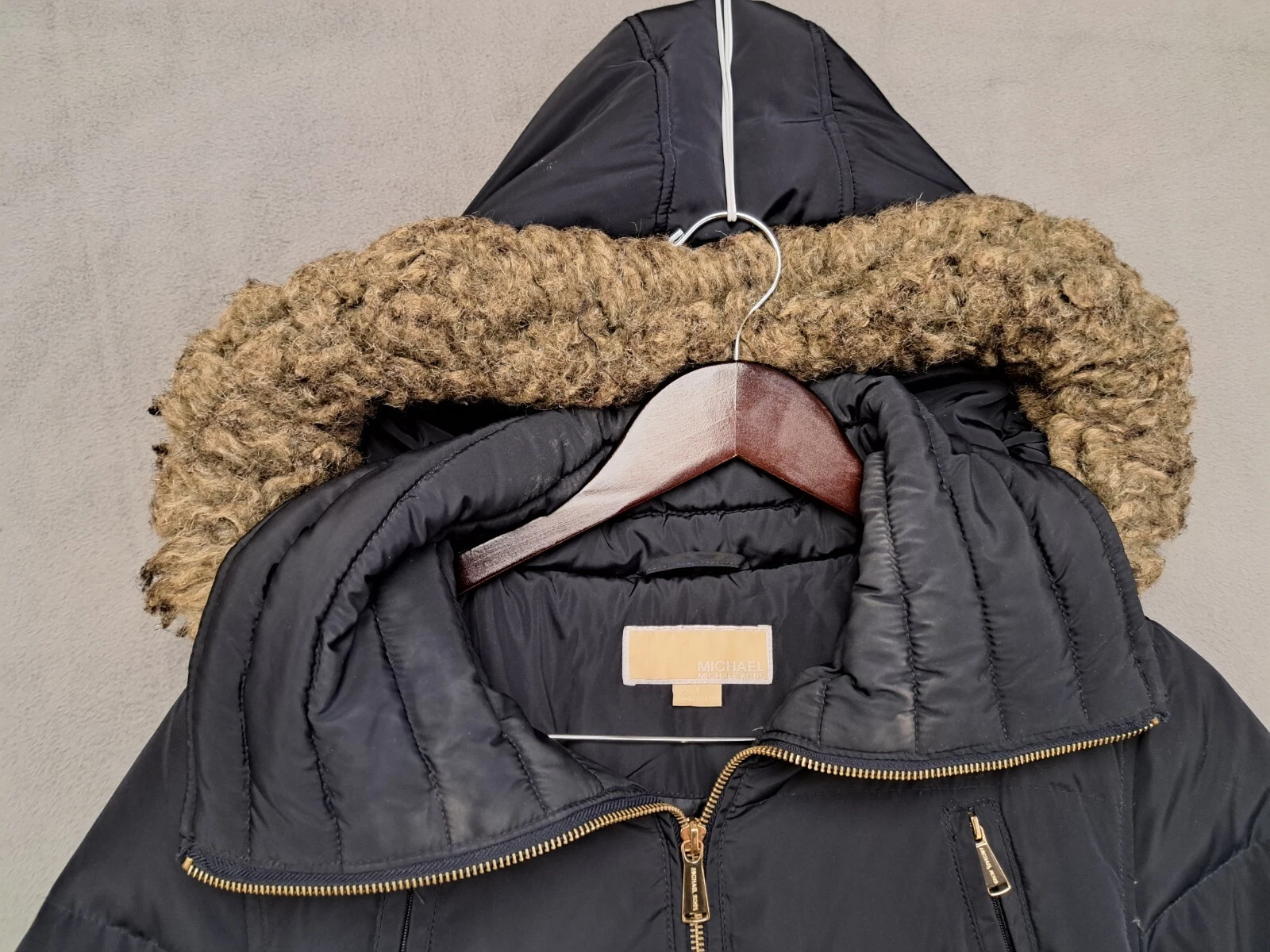 MICHAEL KORS Donna Finiture in Pelliccia Finta Cappuccio Tampone Cappotto Cintura Parka Piccolo Nero