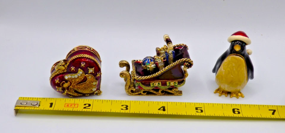 Monet Christmas Holiday Trinket Boxes Lot of 3 - Sleigh, Penguin, Angel Heart - Image 2 of 4