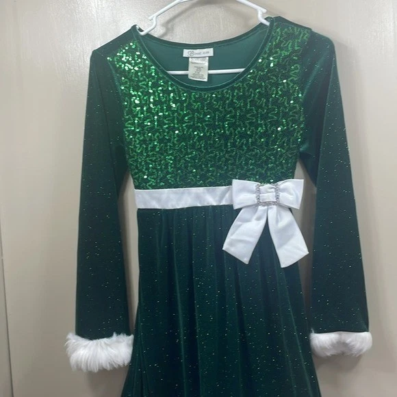 Girls Green Christmas Holiday Dress Sequin White Fur Bow Party - Image 2 of 4