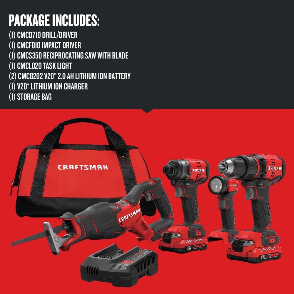 Craftsman CMCK420D2 V20 BL Li-Ion 4-Tool Combo Kit with