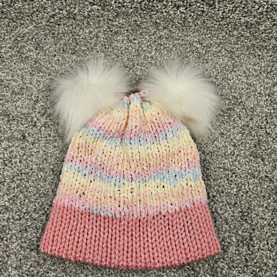 Gorro tejido hecho a mano toque tobogán 6-12 meses pastel/rosa cálido suave 2 pompones Foto 2 de 4