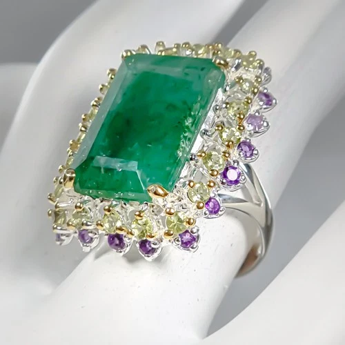 Anillo de berilo verde natural hecho a mano de 24 quilates + plata de ley 925 talla 8/R434830 Foto 2 de 4