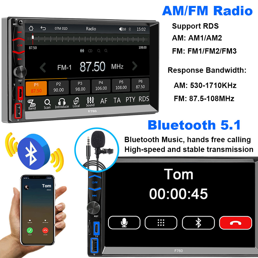 7" Double Din Car Stereo Radio Apple/Android CarPlay GPS Head Unit w/ Camera BT