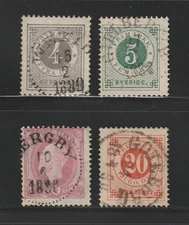 1886-91 Sweden Regular Issue, Used, Scott # 42 | 46, 4 Different, Short Set