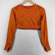 GYMSHARK Top Womens XS Flawless Knit Cropped Eyelet Thumbholes Gym Yoga Orange