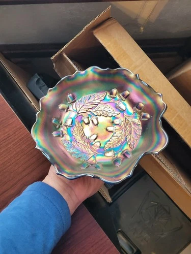 Nice Blue FENTON Carnival Glass Acorn Ruffled Bowl Great Color