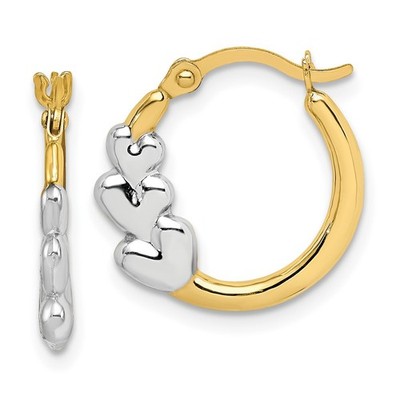 10K Yellow Gold and White Rhodium Hearts Hollow Hoop Earrings L-16mm, W16mm