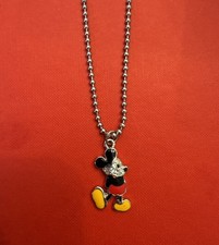 Vintage Mickey Mouse Enamel Rhinestone Charm Necklace Silver Ball Chain 18  