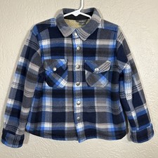 Eddie Bauer Boys 4/5 Plaid Sherpa Lined Fleece Shacket Jacket Blue Snap Front