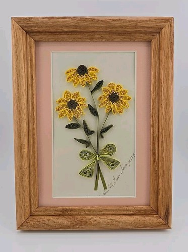 Yellow Sunflowers Paper Quilling Leaves & Bow Handmade Signed Framed 8×6"