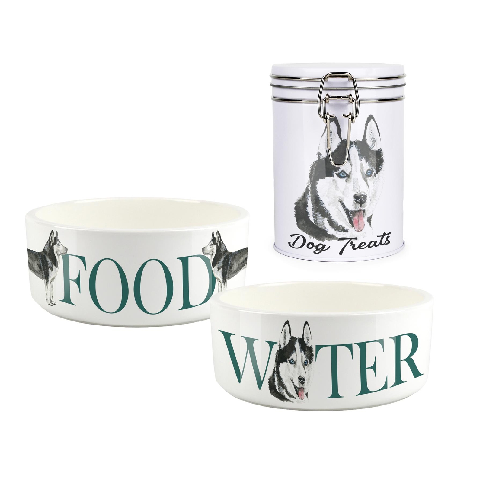 Husky Pet Bowls & Treat Canister Set - Food/Water Gifts for Dog Owners