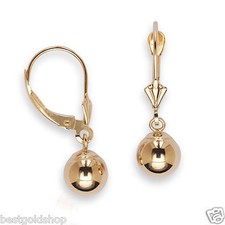 6mm Ball Dangle Earrings w/ Lever Back Real Solid 14K Yellow Gold NEW FREE SHIP