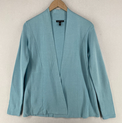 EILEEN FISHER Strickjacke S Seide Bio Baumwolle Verriegelung Blazer offen vorne blau