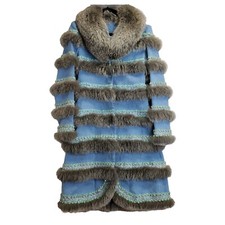 Small Hand Made Leather Fur Coat With Lots Of Bling Light Blue