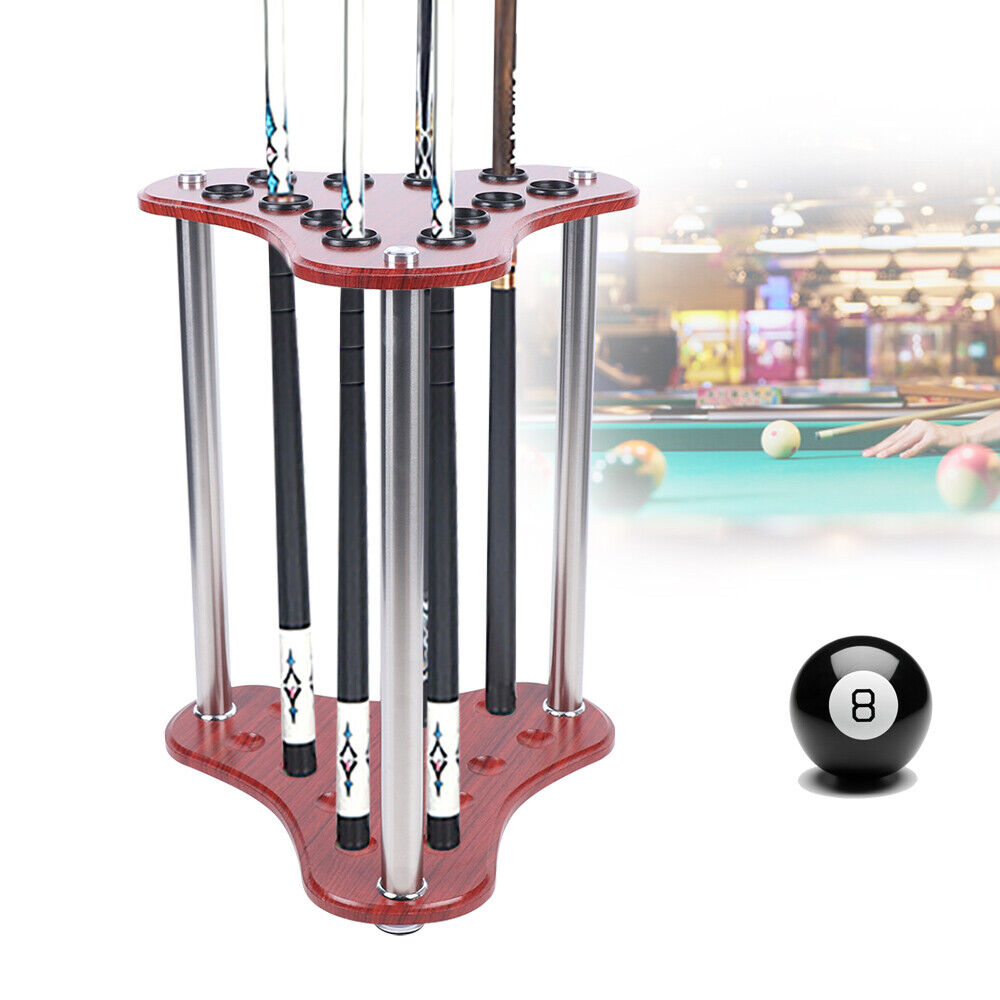 Wood Pool Cue Rack 12-Billiard Sticks Holder Floor Stand Ball Table Accessories