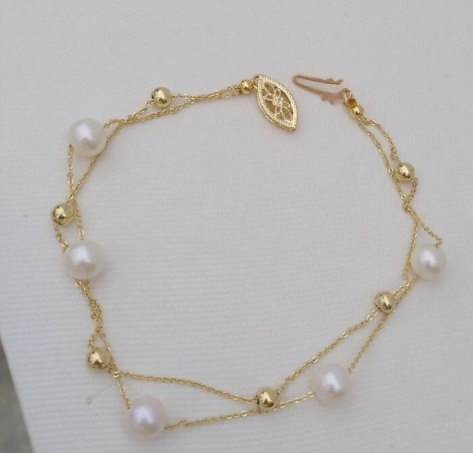 Hermoso Brazalete de Perlas Blancas Akoya Real 7.5-8" AAA Oro 14K Foto 3 de 4
