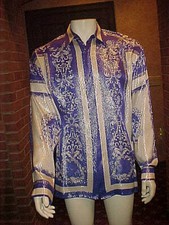 VINTAGE MENS BLUE VERSAI GOLD LABEL METALLIC SILK SHIRT MULTICOLOR LARGE