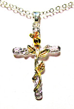 Women's Silver Tone Gold Tone Rose On Cross Pendant 16" Necklace - NWOT 2706