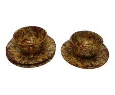 Vintage  Splatterware Spongeware Speckle Brown Yellow  Coffee Cups With Saucers