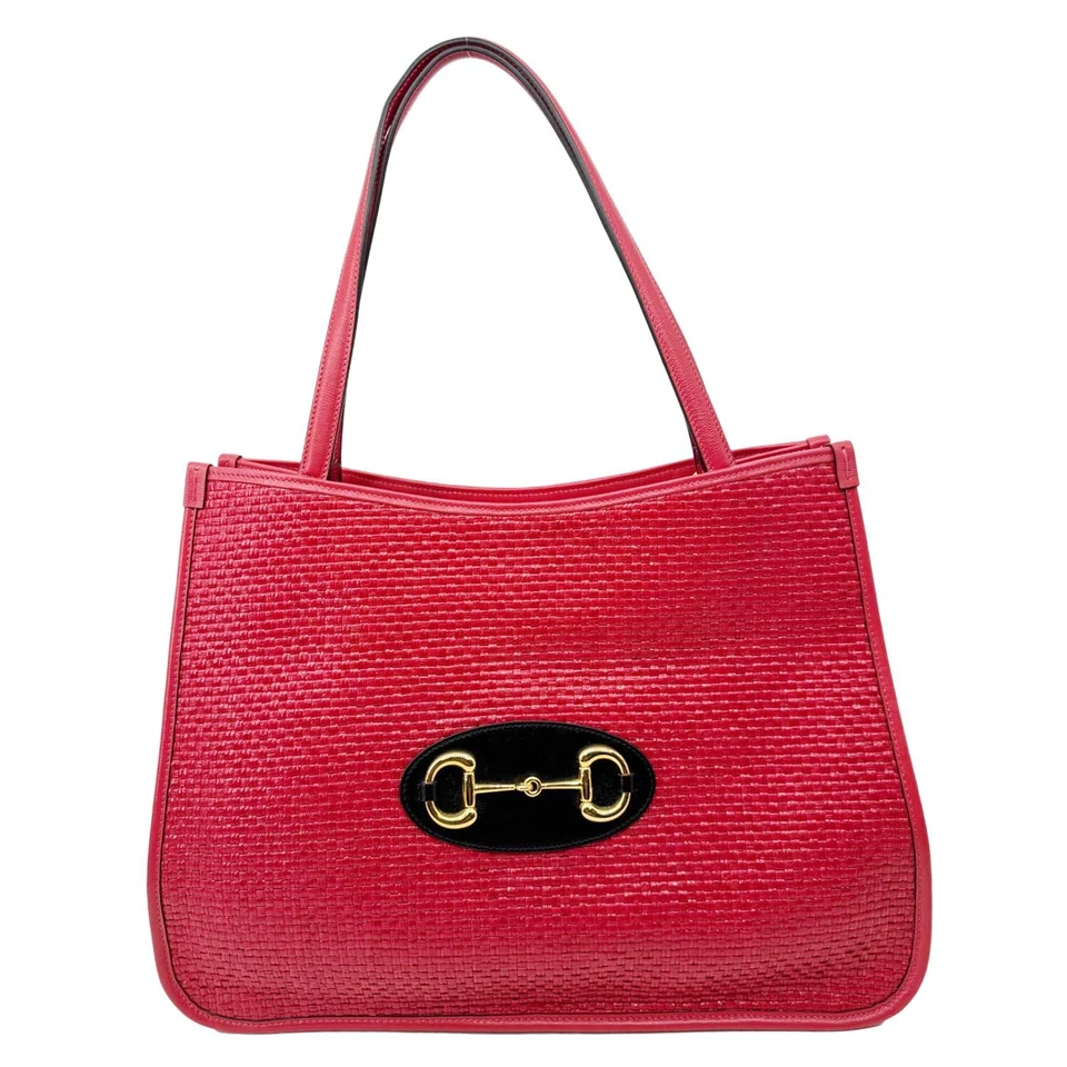 GUCCI Horsebit 1955 Medium Raffia Leather Tote Bag Red 623694