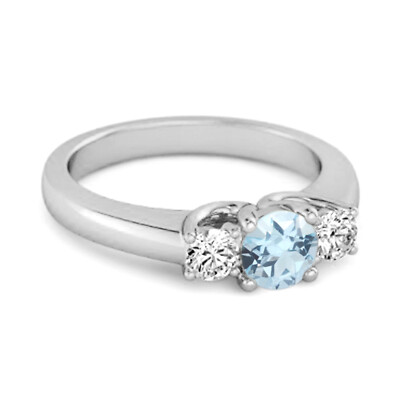 Three Stone 5MM Round Natural Blue Topaz Wedding 925 Sterling Silver Women Ring