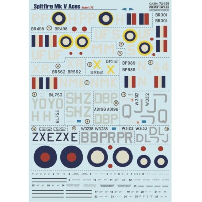Decal for airplane 1:72 Spitfire Mk V Аces Waterslide decals Print