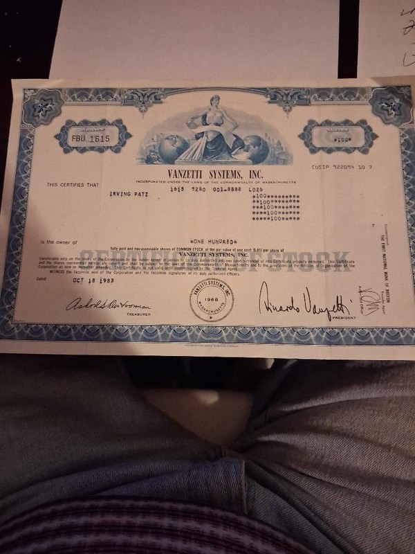 VANZETTI IBFRARED & COMPURTER SYSTEMS,INC 100 SHARES STOCK CERTIFICATE