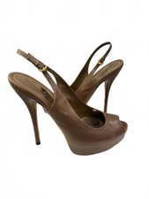 Gucci Brown Leather Peep-Toe Platform Slingback Pumps Gold Insole Sz 37/7 US