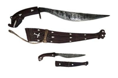 Original Vintage Carved Filipino Sword & Dagger Set w/ Scabbards, Inlay, Binding