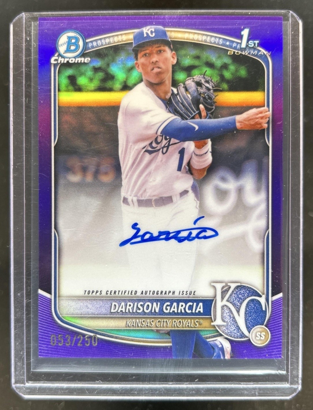 2025 Bowman Chrome Darison Garcia Auto Purple Refractor 1st #/250 Royals